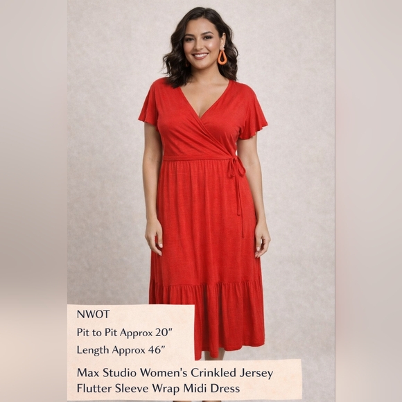 Max Studio Dresses & Skirts - Max Studio Crinkled Jersey Flutter Sleeve Wrap Midi Dress – Size Large – NWOT